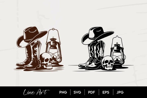 Cowboy Boots Hat Skull Lantern Art Graphics