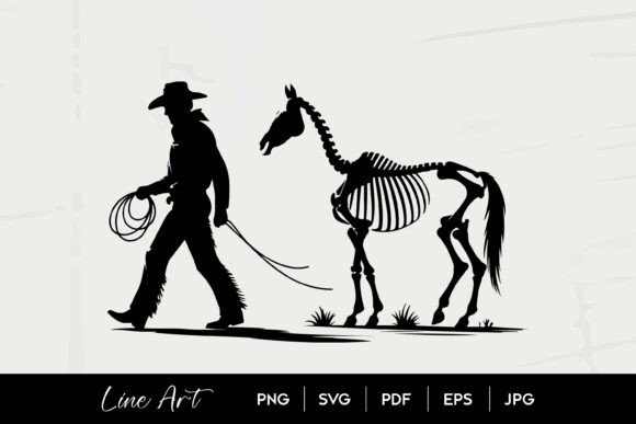 Cowboy Leading Skeleton Horse Art Graphics