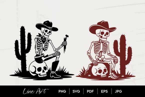 Cowboy Skeleton Cactus Line Art Graphics