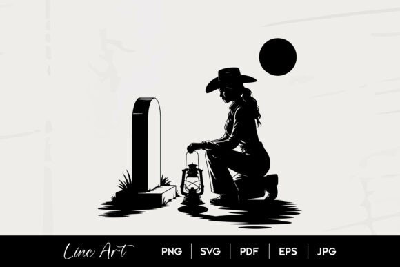 Cowgirl Grave Silhouette Line Art Graphics