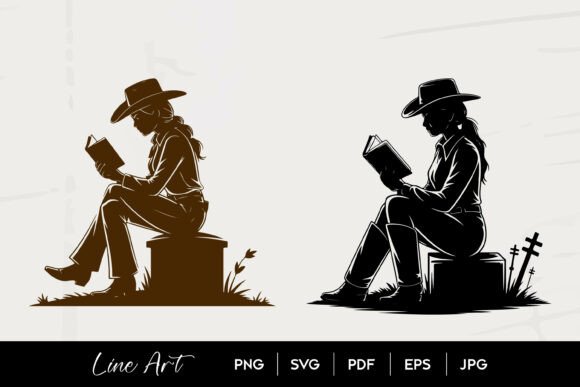 Cowgirl Reading Book Silhouette Art Graphics