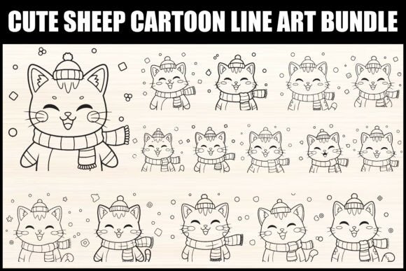 Cute Sheep Cartoon Line Art Bundle