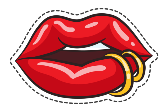 Glamour Red Lips with Golden Rings. Graphics