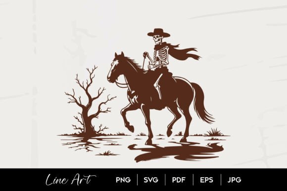 Skeleton Cowboy Horse Line Art Graphics