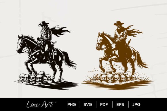Skeleton Cowboy Horse Skull Line Art Graphics