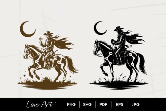 Skeleton Cowboy Riding Horse Under Moon Graphics